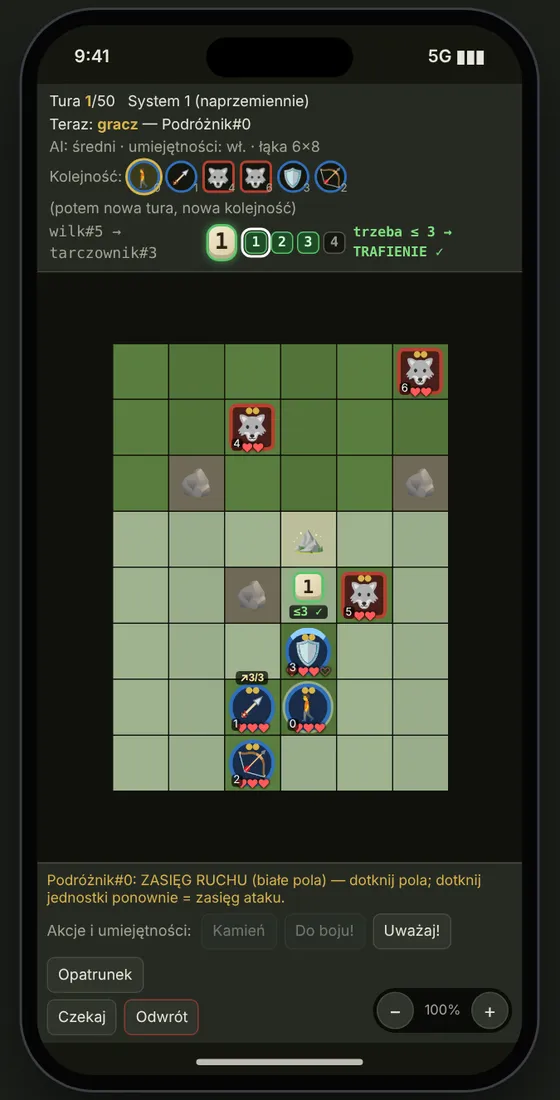 Combat analysis panel on a phone: tactical grid used to test unit balance