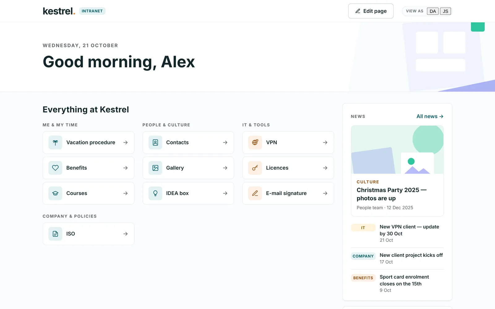 Company intranet home: tiles for vacation, benefits, VPN and a news feed