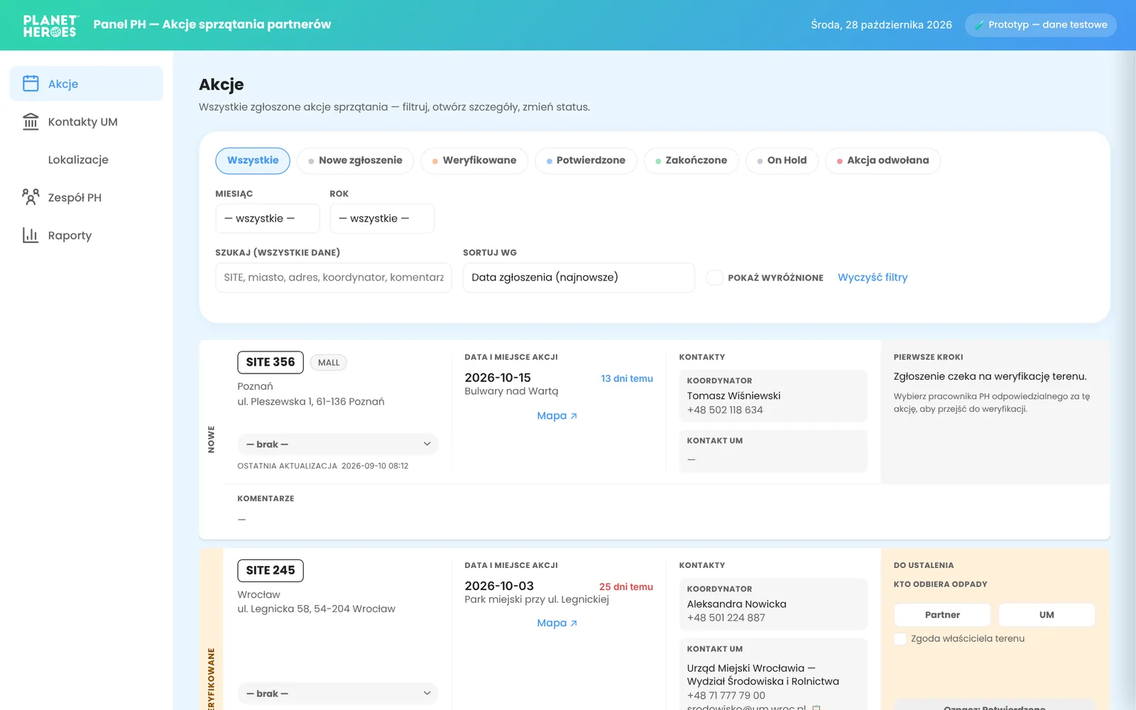 Planet Heroes back office: list of cleanup actions with status filters