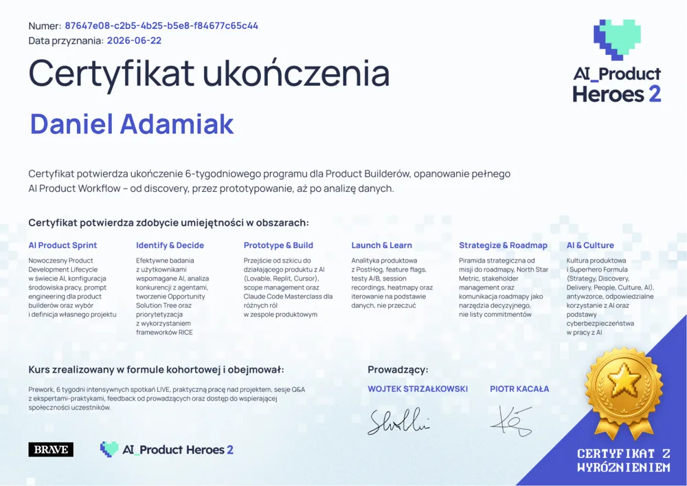 AI Product Heroes 2 certificate of completion with distinction, awarded to Daniel Adamiak